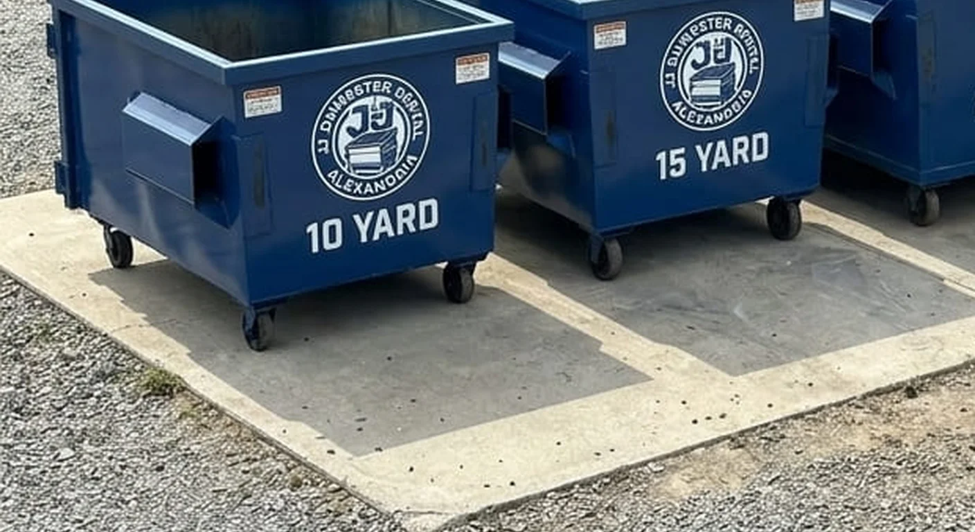 A JJ Dumpster Rental Alexandria 10 yard roll-off dumpster staged in the company yard, size printed on the side
