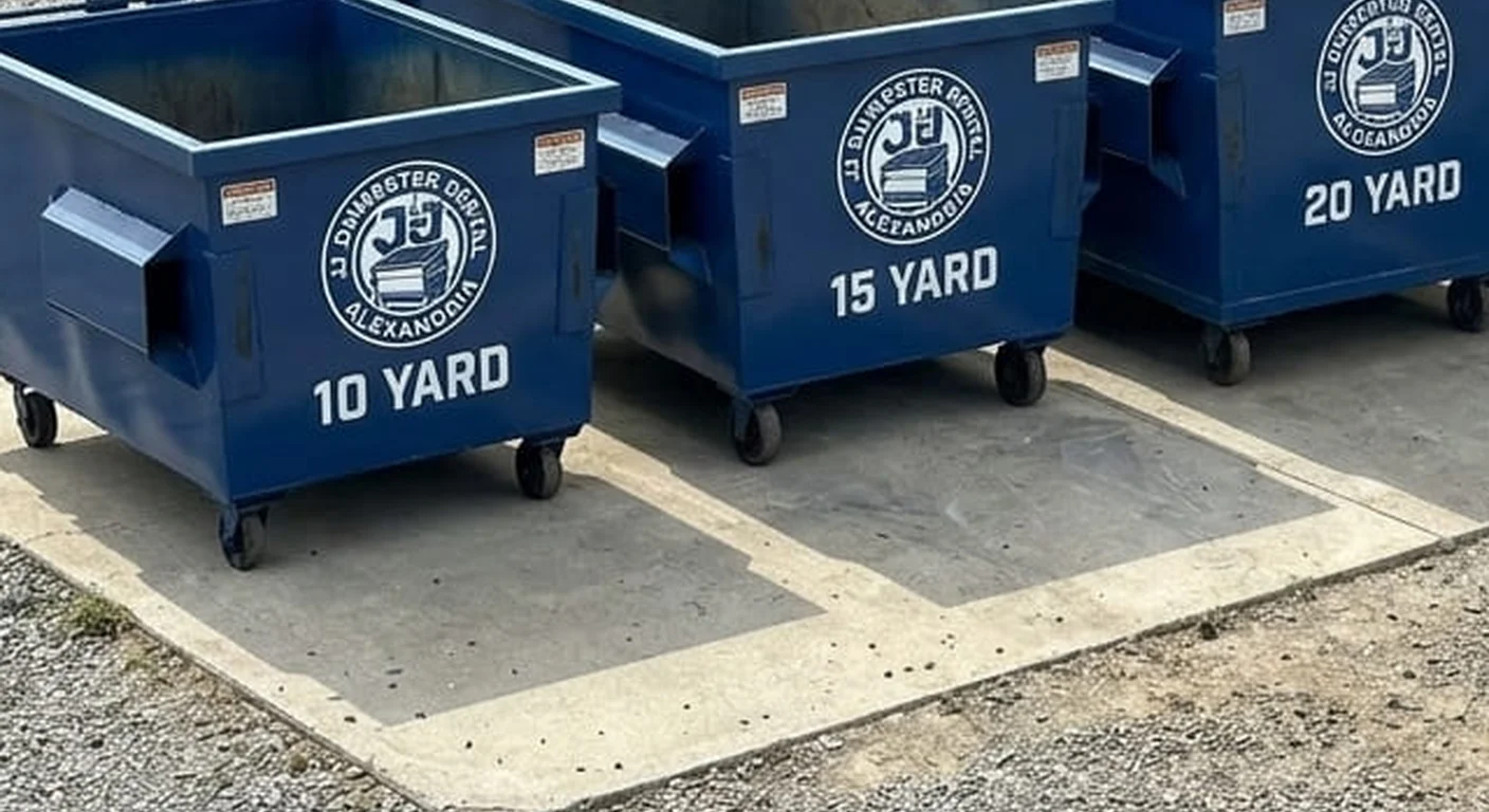 15 Yard Dumpster Rental in Alexandria, VA A JJ Dumpster Rental Alexandria 15 yard roll-off dumpster staged in the company yard, size printed on the side