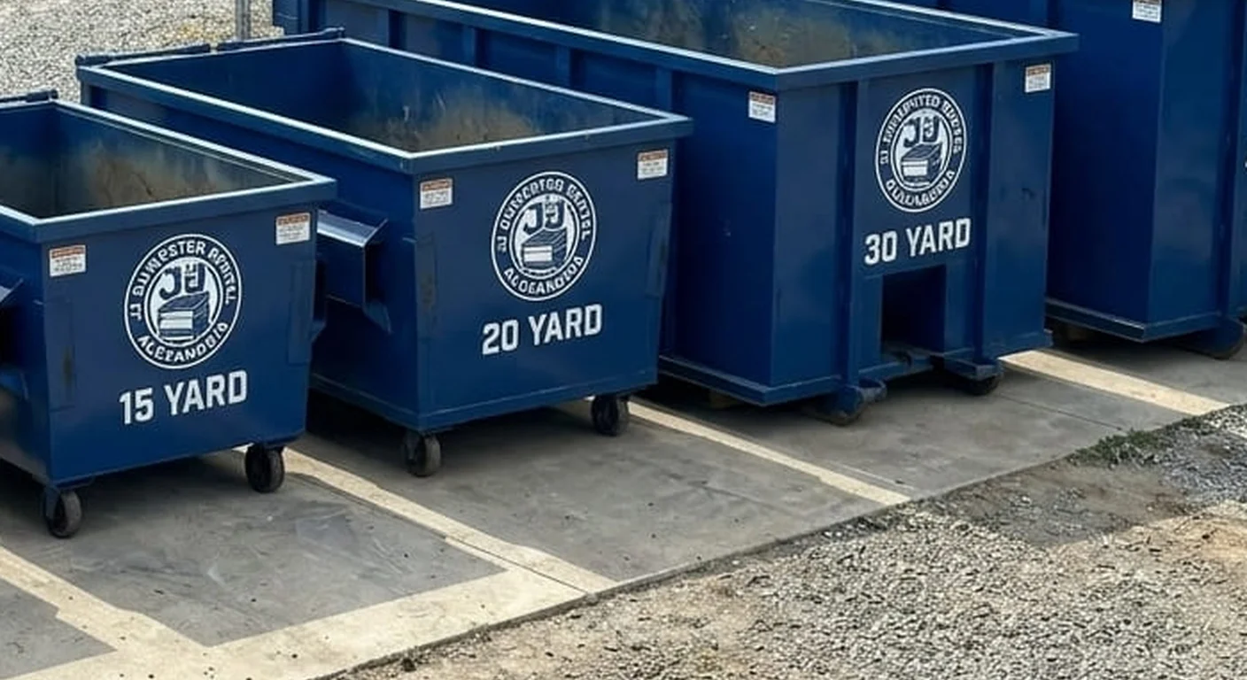 A JJ Dumpster Rental Alexandria 30 yard roll-off dumpster staged in the company yard, size printed on the side
