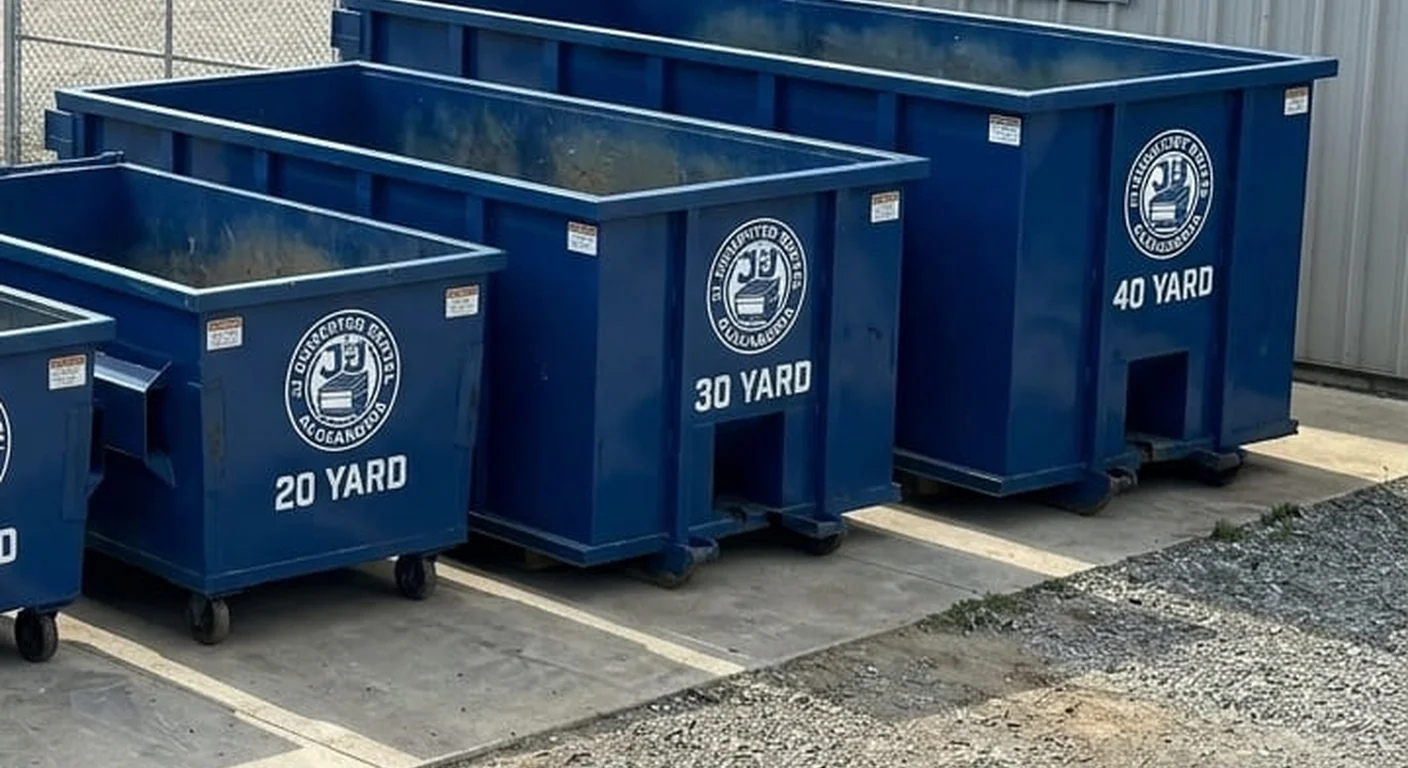 A JJ Dumpster Rental Alexandria 40 yard roll-off dumpster staged in the company yard, size printed on the side