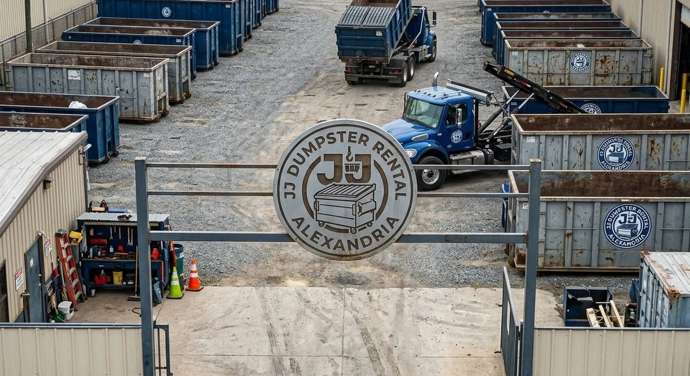 Rows of JJ Dumpster Rental Alexandria containers staged at the company yard, with a truck loading a container
