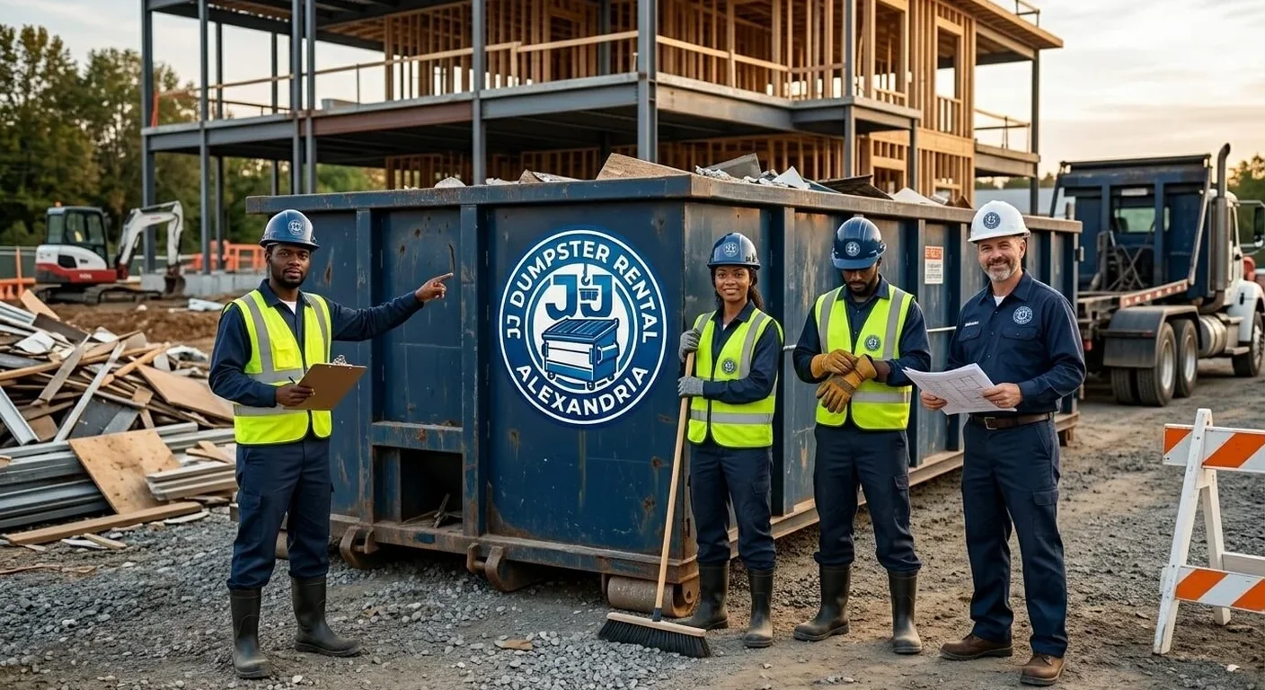 A JJ Dumpster Rental Alexandria crew at an active construction site with a roll-off dumpster