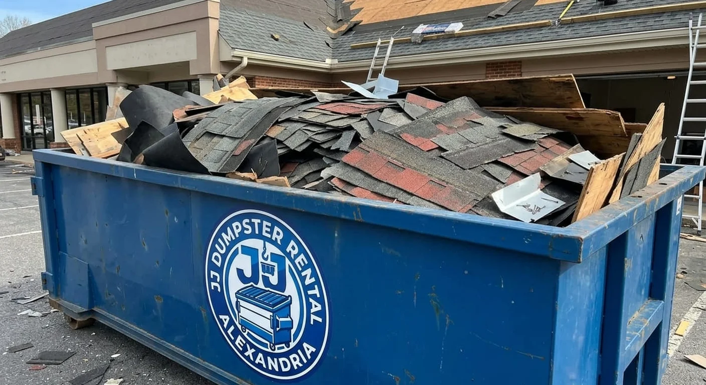 A JJ Dumpster Rental Alexandria dumpster filled with real roofing tear-off debris in front of a commercial building