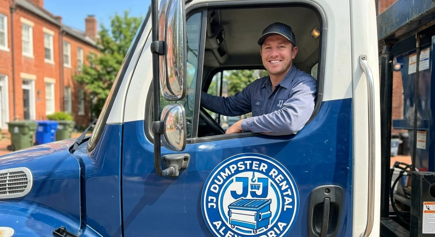 Dumpster delivery in Mount Vernon, VA A JJ Dumpster Rental Alexandria driver ready for a delivery in Mount Vernon, VA