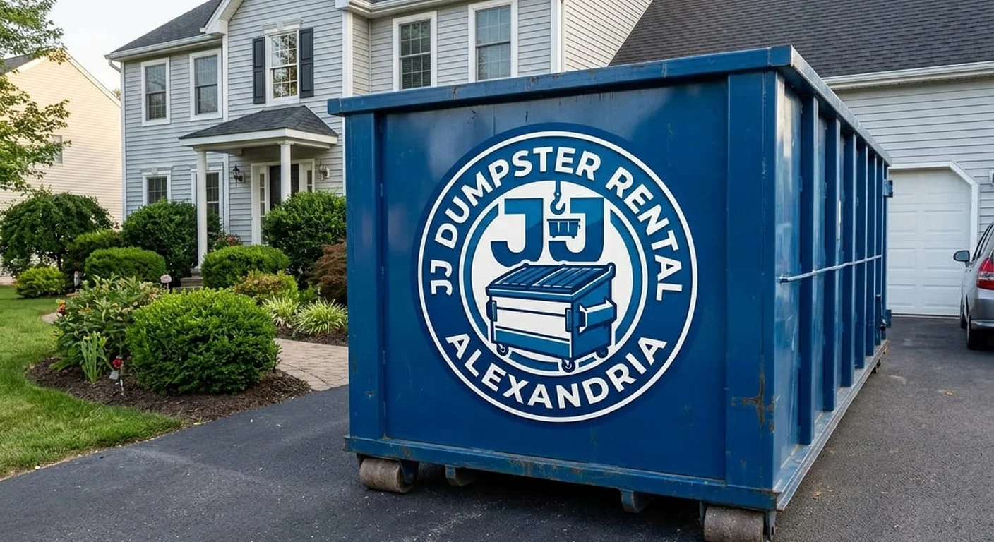A JJ Dumpster Rental Alexandria blue roll-off dumpster staged on a residential driveway, filled with a home cleanout load