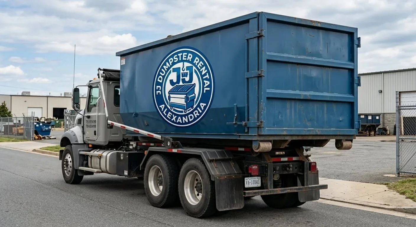 Our Dumpster Rental Fleet - Alexandria, VA The JJ Dumpster Rental Alexandria yard, with trucks and containers staged for dispatch