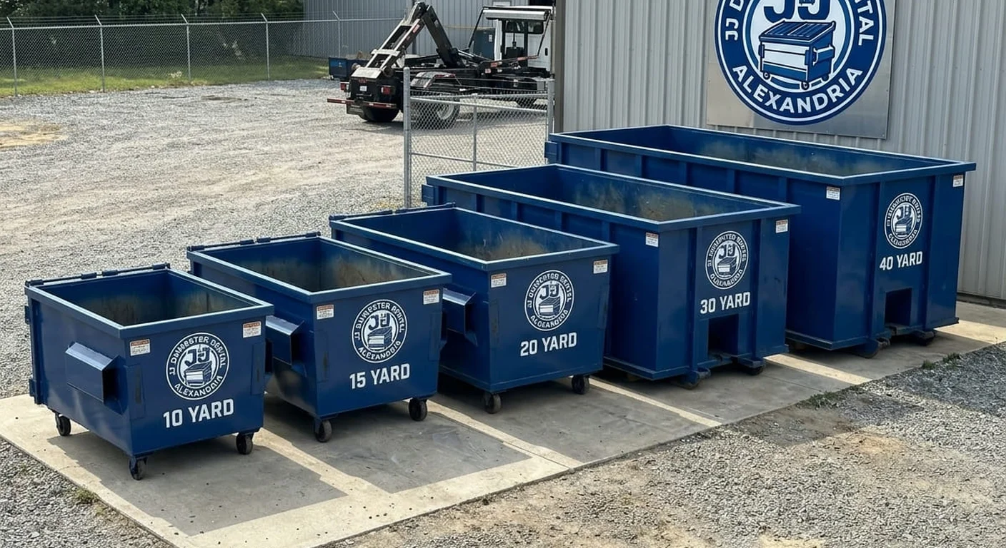 Dumpster Sizes Side by Side - JJ Dumpster Rental Alexandria Five JJ Dumpster Rental Alexandria roll-off dumpsters lined up in the company yard, from 10 yard to 40 yard