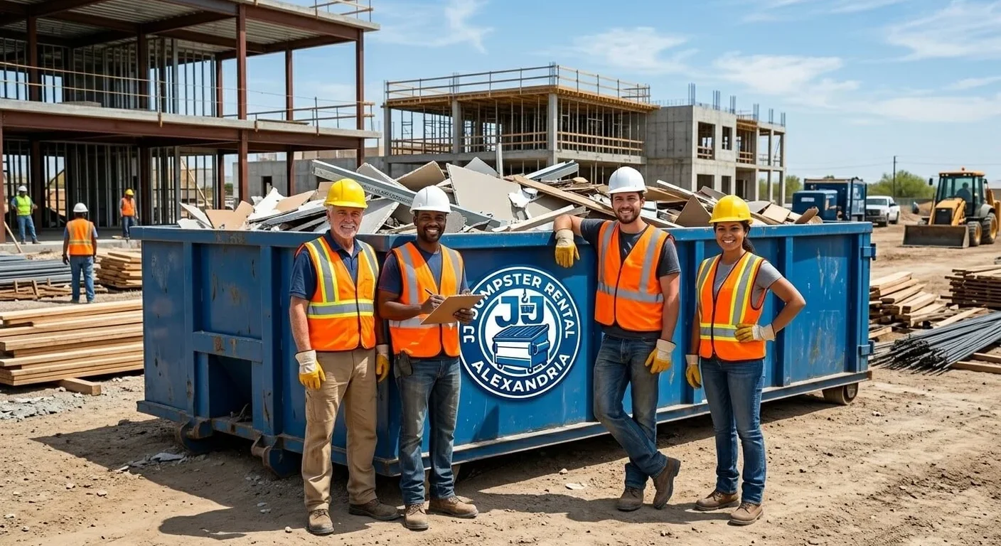 A JJ Dumpster Rental Alexandria crew at a construction site loading a dumpster during a cleanout project