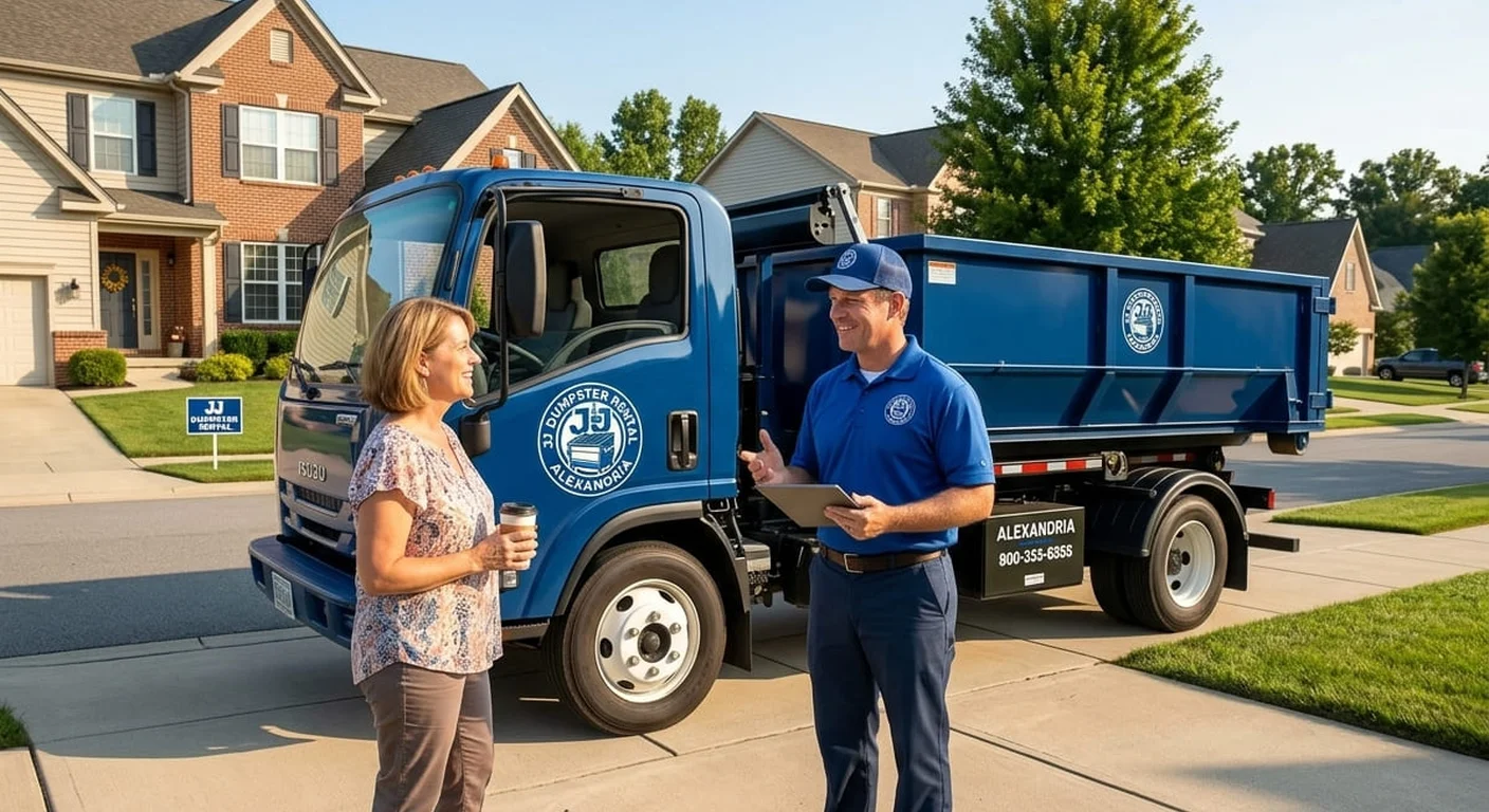 Junk Removal Dumpster Rental in Alexandria, VA A JJ Dumpster Rental Alexandria driver reviewing a job with a homeowner beside a delivered dumpster during a junk-removal project