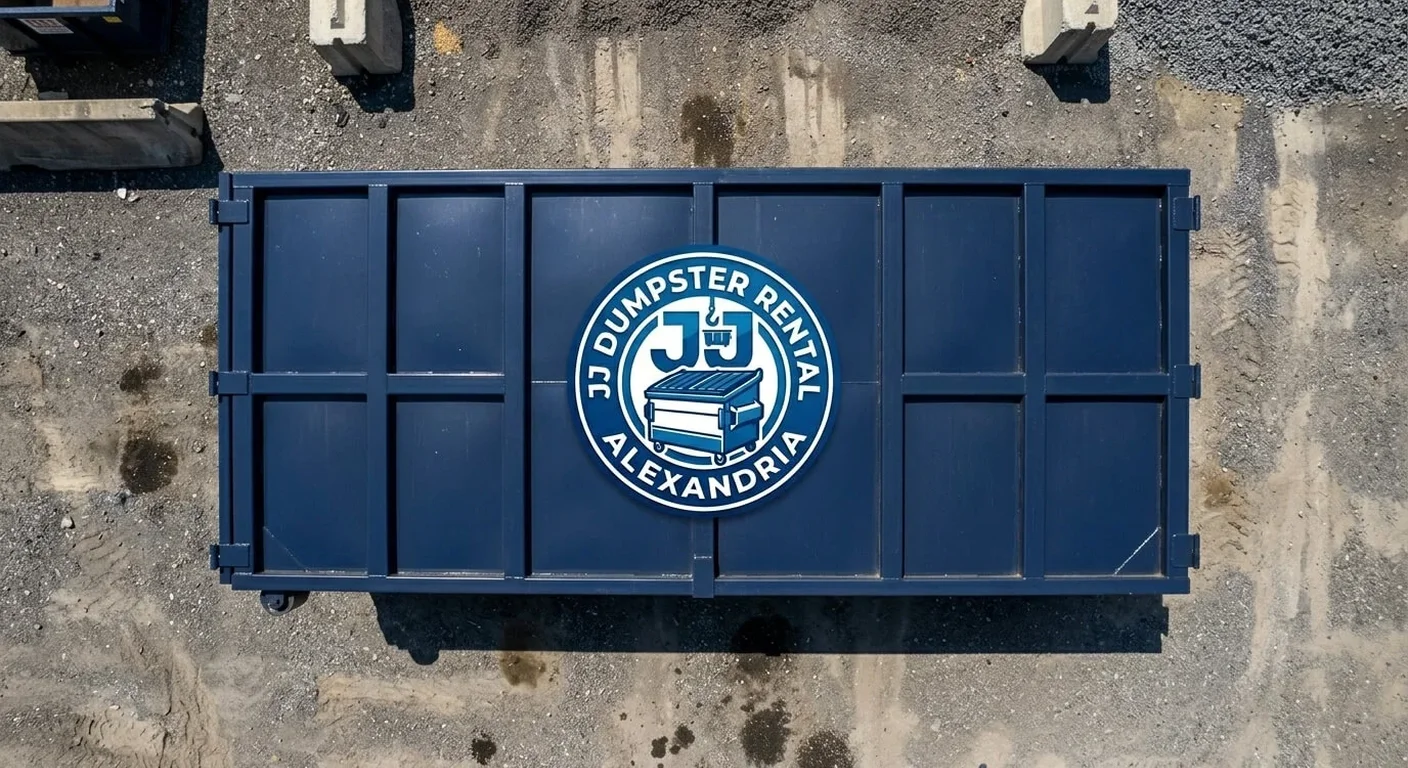 A JJ Dumpster Rental Alexandria blue roll-off container staged on a residential driveway