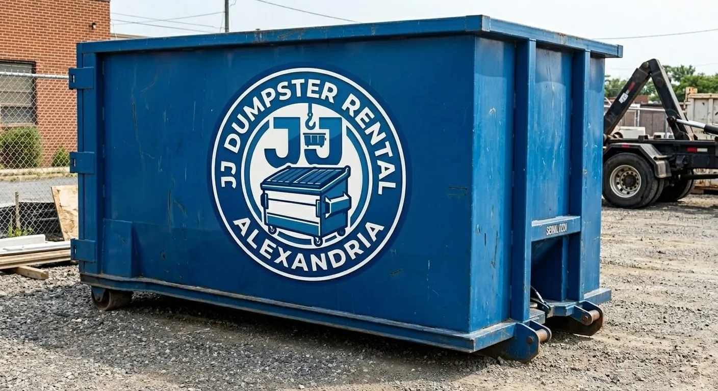 A JJ Dumpster Rental Alexandria dumpster staged on a driveway, ready for a yard-waste and storm-debris cleanup